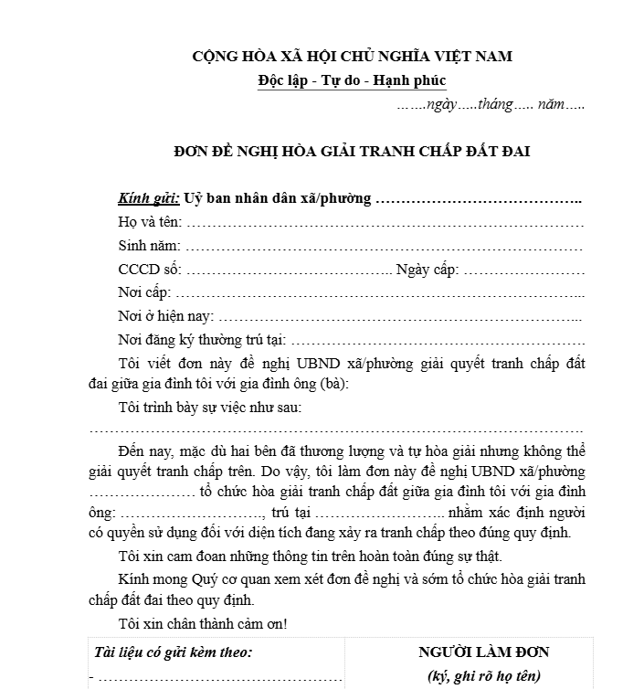 Mẫu đơn tranh chấp đất đai gửi UBND xã chuẩn Mẫu đơn tranh chấp đất đai gửi UBND xã chuẩn